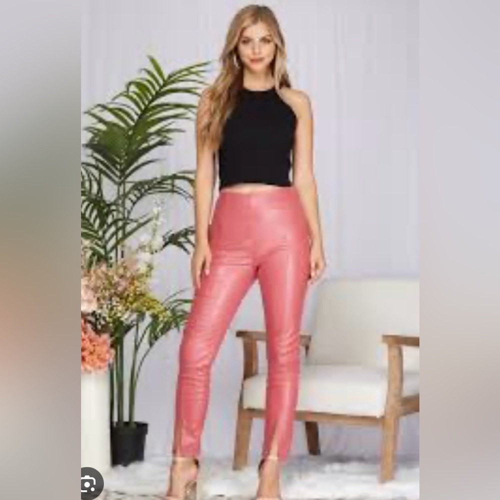 ❤️Bright Barbie pink pleather tight yoga leggings faux leather stretchy costume